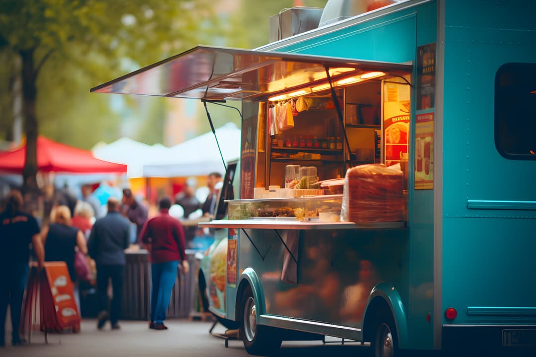 A colorful food truck serving customers